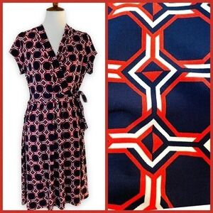 🍀Liz Claiborne Women's Orange Navy White Geometric Faux Wrap Dress Size M - READ